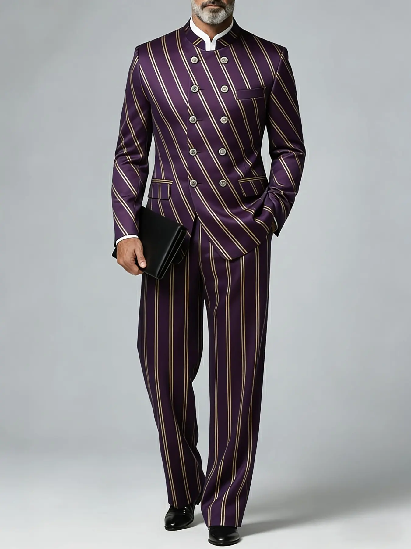 Ainwear Men 2-Piece Striped Suit Set with Mandarin Collar Double-Breasted Blazer and Matching Pants, Luxury Gold Stripe Formal Suit for Wedding Prom Party, Party Prom Suits
