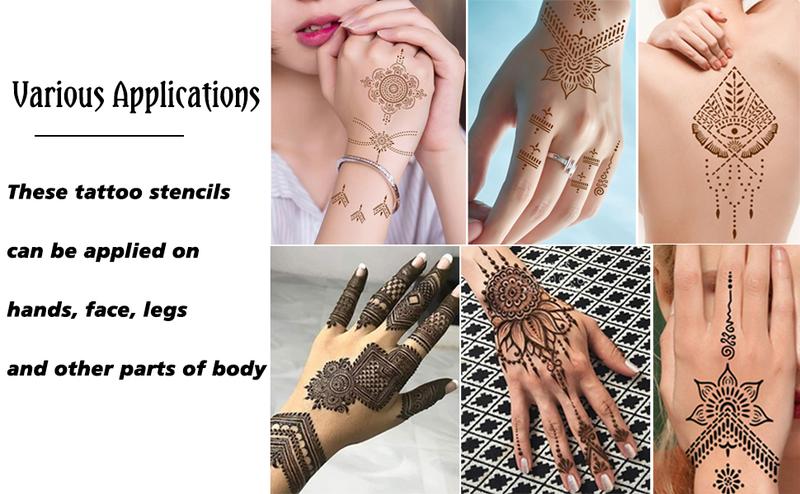XMASIR 16 Sheets Temporary Henna Tattoo Kit, Reusable Tattoo Stencils Sets Indian Arabian Temporary Tattoo Templates Kit for Body Hand Art XMASIR 16 Sheets Temporary Henna Tattoo Kit, Reusable Tattoo Stencils Sets Indian Arabian Temporary Tattoo Templates Kit for Body Hand Art
