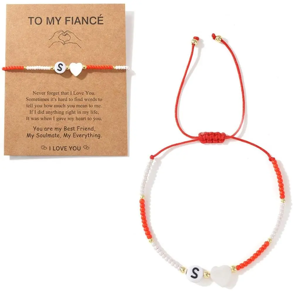 Cute Heart Initial A-Z Beaded Adjustable Bracelet for Women Men,  Red White Beads String Statement Romantic  Birthday  Friendship