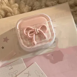 AirPods 4/Pro2 | Pink Grid 3D Pink Knot | Light Pink Ribbon Knot Pendant | Transparent White Earphone Case | Best Friend Gift | Suitable for AirPods 1 2 3 4 Pro Pro2 | Protection | Headphone Accessories