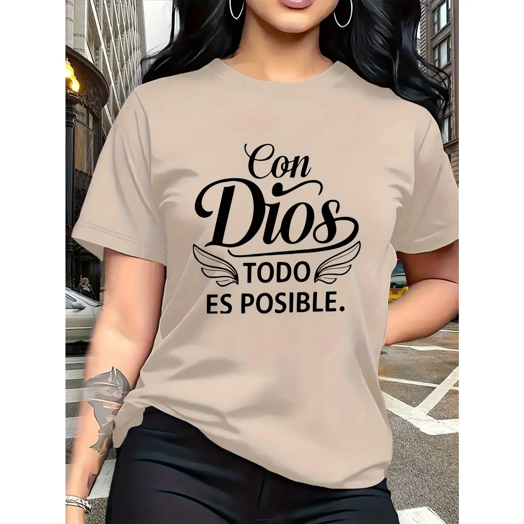 Women's Spanish "Con Dios Todo Es Posible" T-Shirt - -Based Apparel with Spanish Verse Lettering, Casual Round Neck Short Sleeve Top Suitable for Travel, Vacation & Casual Attire, Machine Washable Spanish Phrase Tee