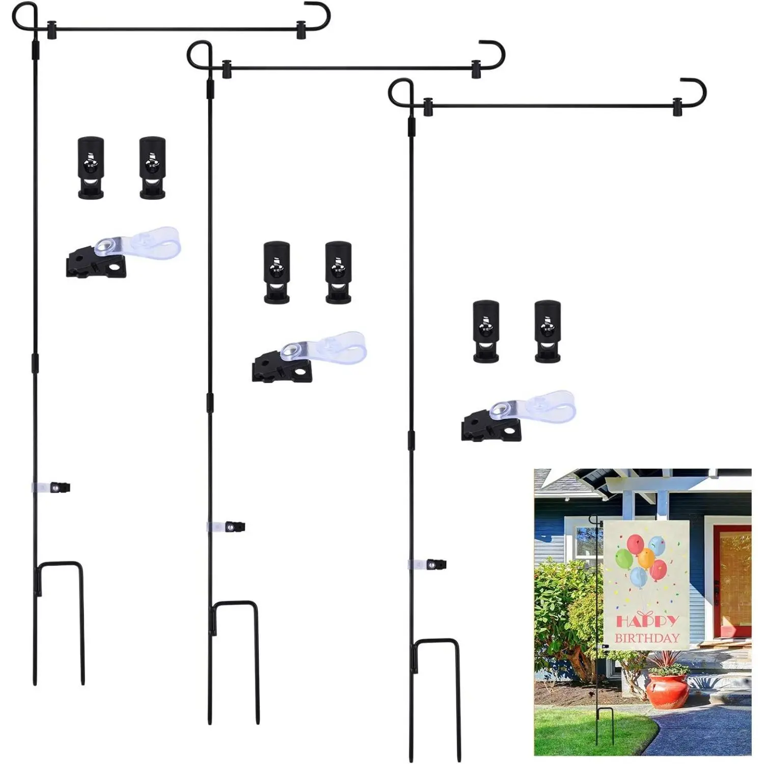 FEPITO 3-Pack Metal Garden Flag Poles (34 in) - Adjustable, Rust-Proof, Removable Flag Holder Clips, Anti-Wind Clips, Durable Hardware for Halloween, Doorstep Outdoor Use, Easy Storage