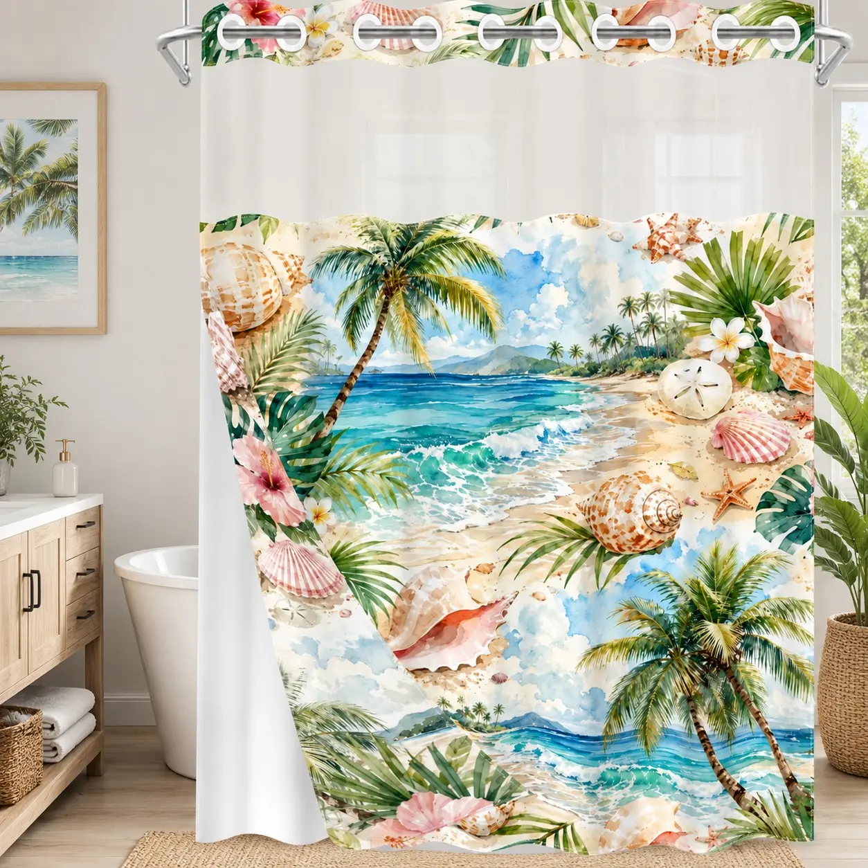 1Pc Hookless Waterproof Shower Curtain, Watercolor Palm Shell Island Beach Scenery Print, Quick Dry Mildew Proof Fabric, Removable Snap-in Liner Accessory, Top See-Through Window, Fresh Vacation Divider Curtain 71×74 Inch
