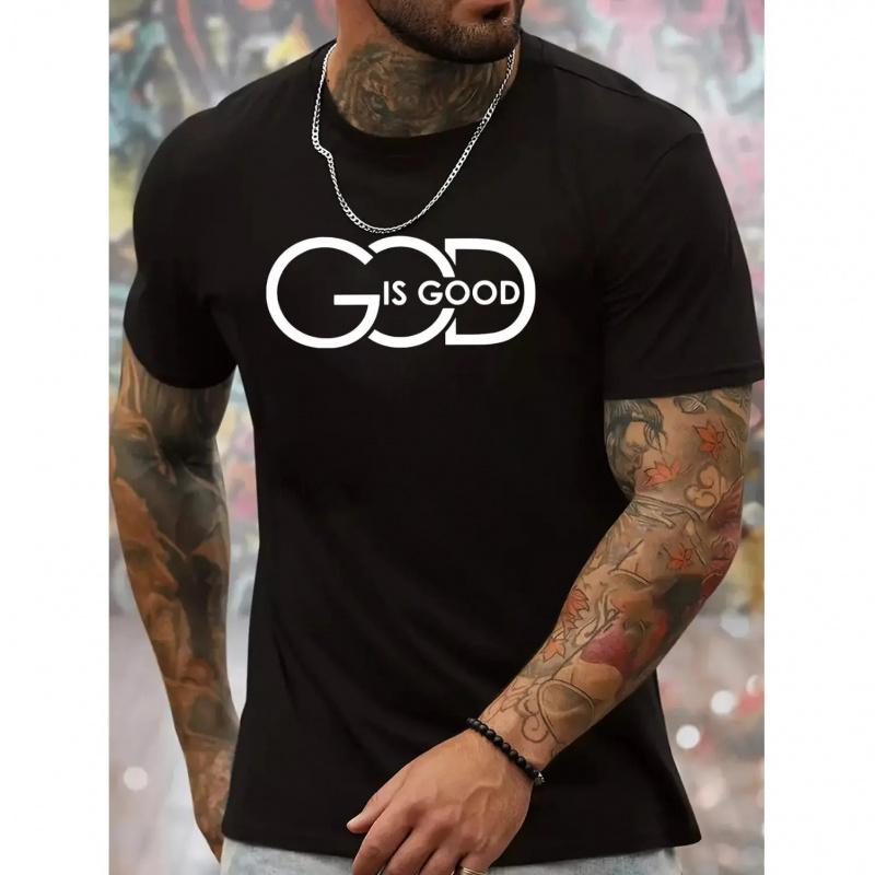 Men's and women's daily comfort short-sleeved men's "God Is Good" printed T-shirt, round neck short-sleeved T-shirt, casual knitted fabric letter pattern top, suitable for all seasons.