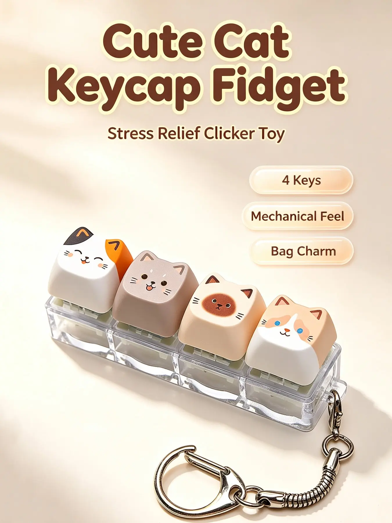 Cute Cat 4-Key Fidget Keyboard Keychain, Mechanical Clicker Stress Relief Toy with Lanyard, Kawaii Cat Face Pattern Fidget Pad, Aesthetic Desk Accessory for Teens & Adults, Anti-Anxiety Fidget Toy for ADHD