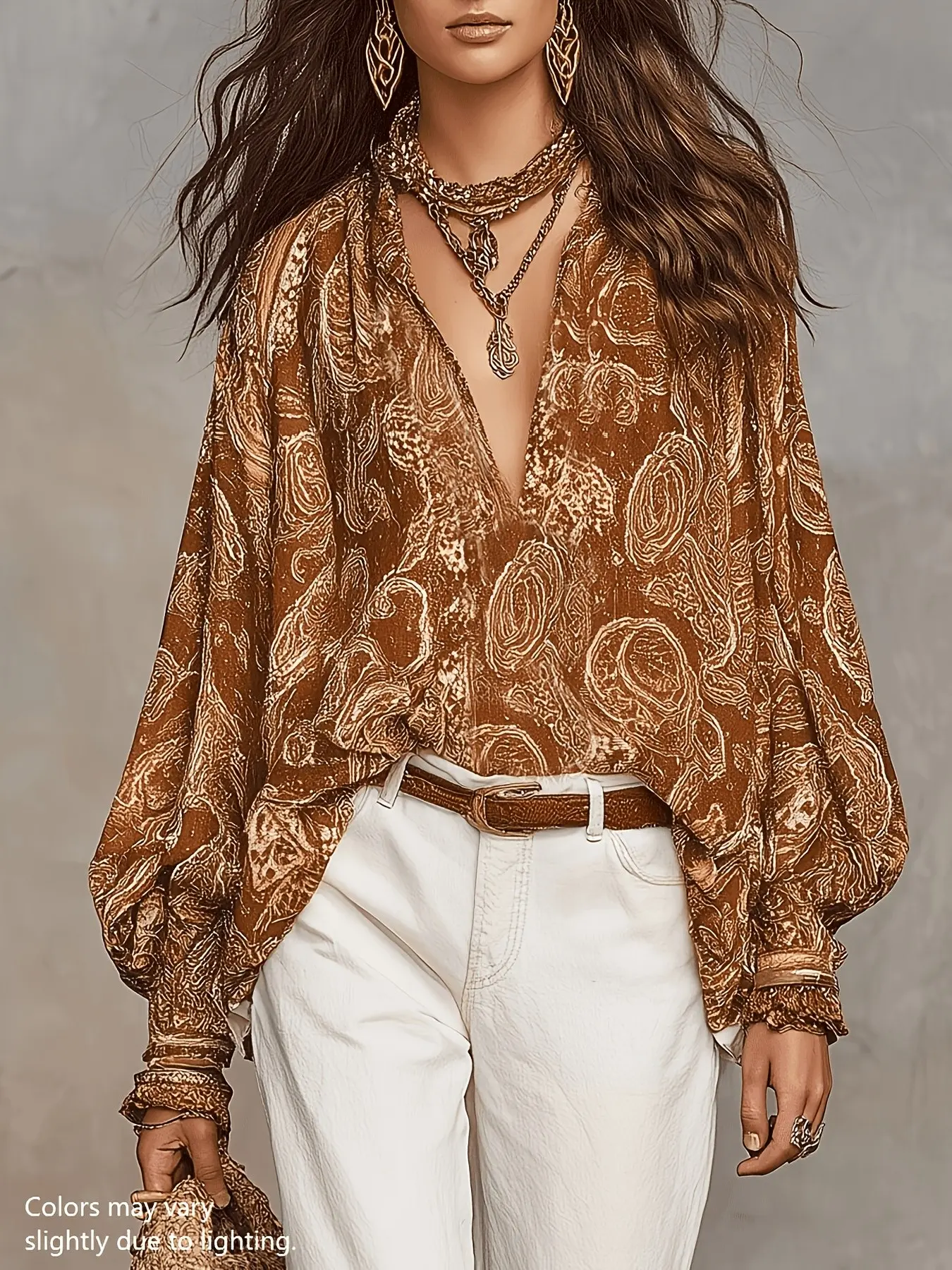 Women's V-Neck Long Sleeve Printed Boho Paisley Pattern Paisley Blouse, Breathable Summer Top, Fashionable Slim-Fit Shirt, All over Print, Plain Surface, Unlined