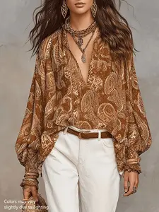 Women's V-Neck Printed Blouse, Breathable Summer Top, Fashionable Slim-Fit Shirt, All over Print, Plain Surface, Unlined