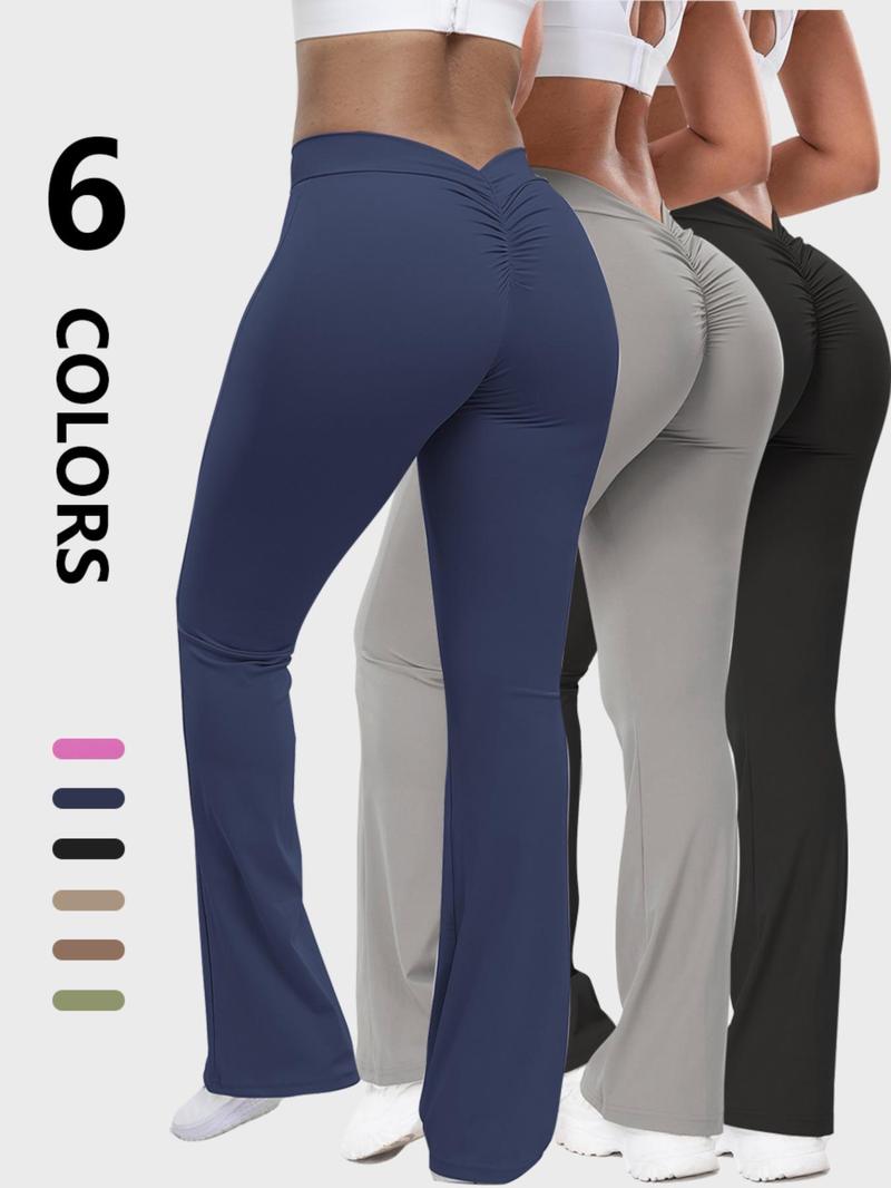 Women's Solid Ruched High Waist Sports Tummy Control Leggings, Comfy Breathable Flare Leg Trousers for Yoga Gym Workout Running, Ladies Sportswear for All Seasons, Gym Clothing, Shaping Leggings