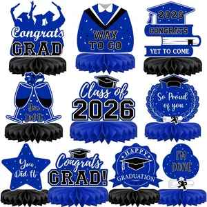10Pcs Graduation Decorations 2026 Class of 2026 Congrats Grad Table Honeycomb Centerpieces Graduation Party Supplies for kindergarten K-12th College Any Grade Blue