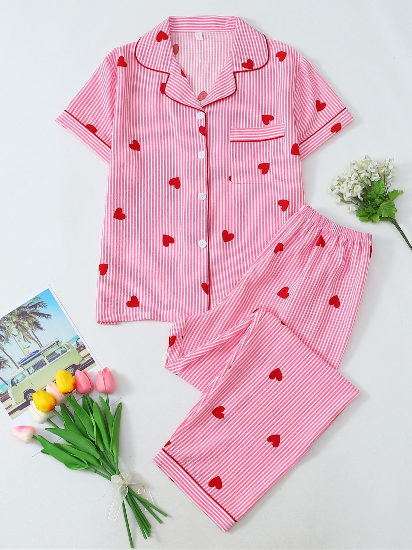 Women's Heart Print Short Sleeve Pajama, Casual Comfy Striped Print Lapel Neck Pocket Shirt & Pants PJ Set, Ladies Sleepwear for All Seasons, Loungewear, Pajamas Lounge Set