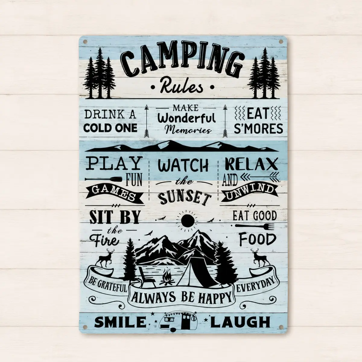 Outdoor Camping Sign Decor, Happy Camper Wall Art, Mountain Adventure Theme Hanging Sign for Cabin, Tent Area, Garage and Patio, 8x12 Inch