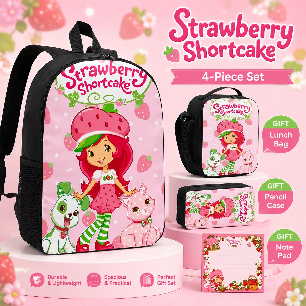 Kids Strawberry Shortcake Backpack Set with 1 Pencil Case 1 Lunch Bag, 1 Note Pads, Back To School Supplies Kit  for Girls Teens, Kawaii School BoobBag, Cute Book Bag for Elementary Middle School  2026