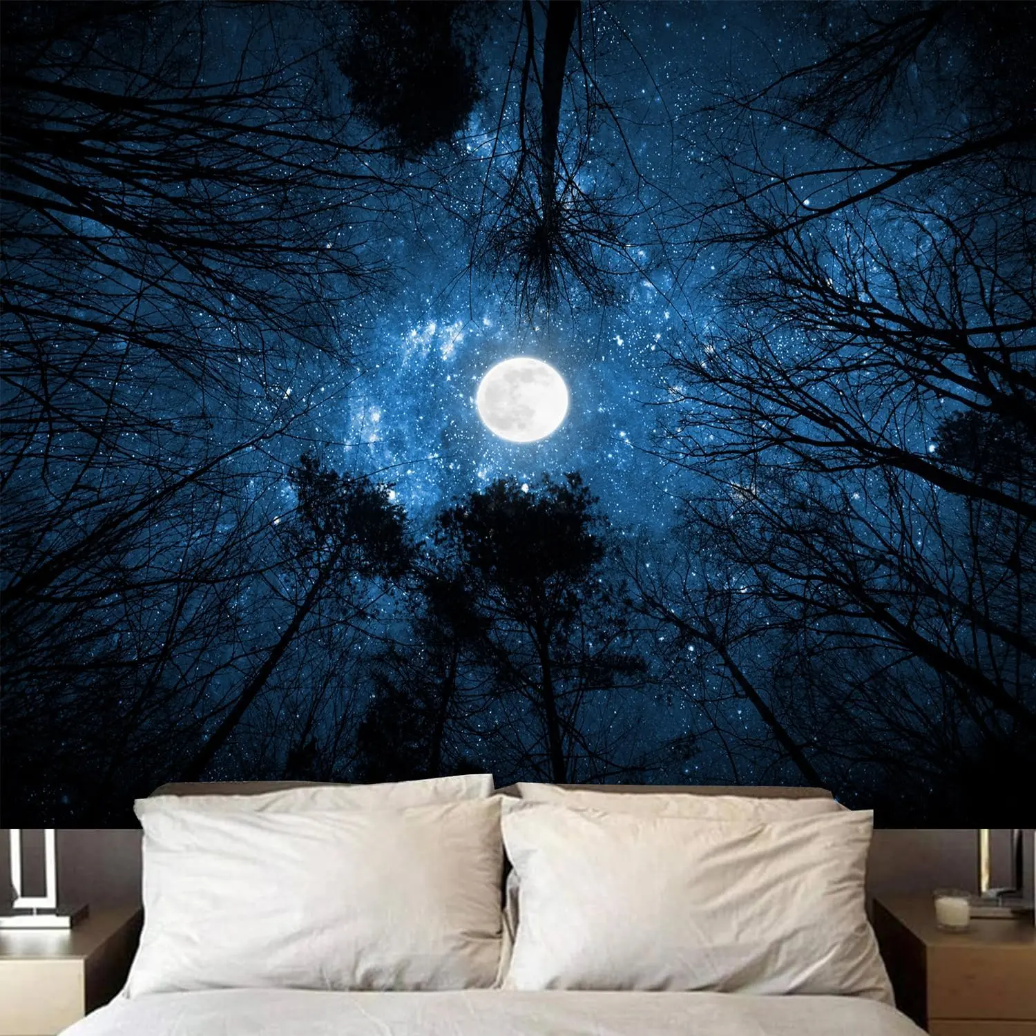 Algasan Forest Galaxy Starry Tapestry, Starry Night Sky Moon Stars Ceiling Tapestry Blue Space with Trees Nature Tapestries Wall Hanging for Bedroom Dorm Living Room