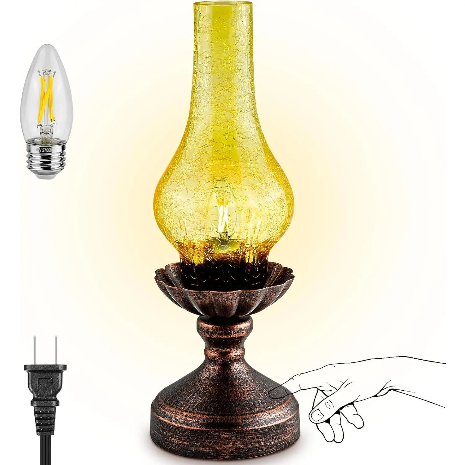 Vintage Touch Control 3-Way Dimmable Table Lamp with Amber Glass Shade & LED Bulb - Rustic Farmhouse Bedside Light for Indoor Use in Bedroom, Living Room