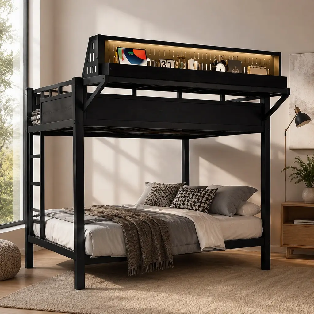 Modern Twin-over-Full Metal Loft Bed with Storage Shelves, Pegboard, USB Ports, LED Lights, 125.44 lb Heavy Duty Frame, Black MDF-Metal, 56.69" W x 76.77" D x 63.39" H, Assembly Required for Teens