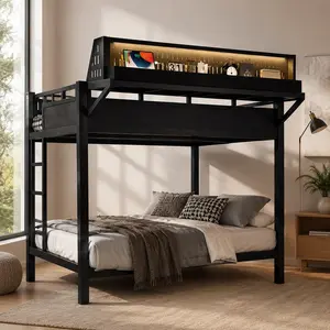 Modern Twin-over-Full Metal Loft Bed with Storage Shelves, Pegboard, USB Ports, LED Lights, 125.44 lb Heavy Duty Frame, Black MDF-Metal, 56.69" W x 76.77" D x 63.39" H, Assembly Required for Teens
