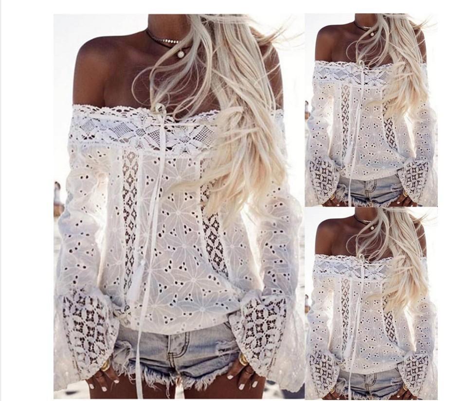 2025 Off-Shoulder Tassel Lace Patchwork One-Shoulder Bell Sleeve Lace Top Women's Fashion Shirts Womenswear Blouse Fitted