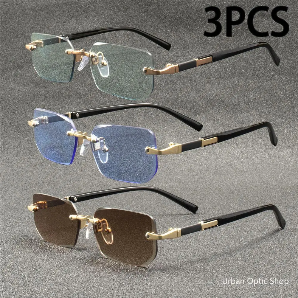 XUH 3 Pack Unisex Rimless Rectangle Sunglasses, Small Frame with Lightweight Nylon TR90 & UV400 Lens for Casual Wear