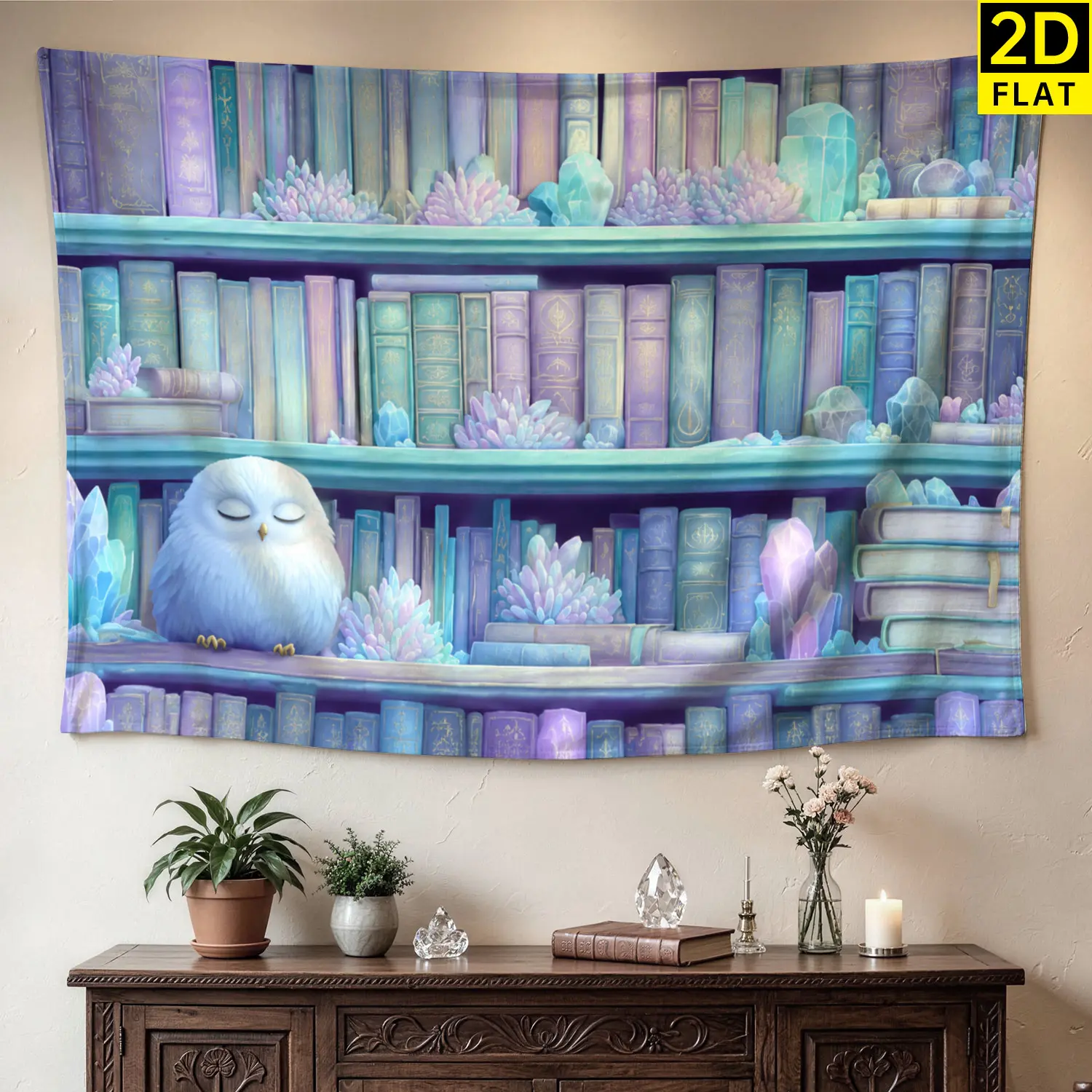 Fantasy Owl Bookshelf Crystal Wall Tapestry - Large Horizontal Polyester Colorfast Hippie Vibe Decor, No-Installation Gift Idea for Living Space, Indoor-Outdoor Home Supplies