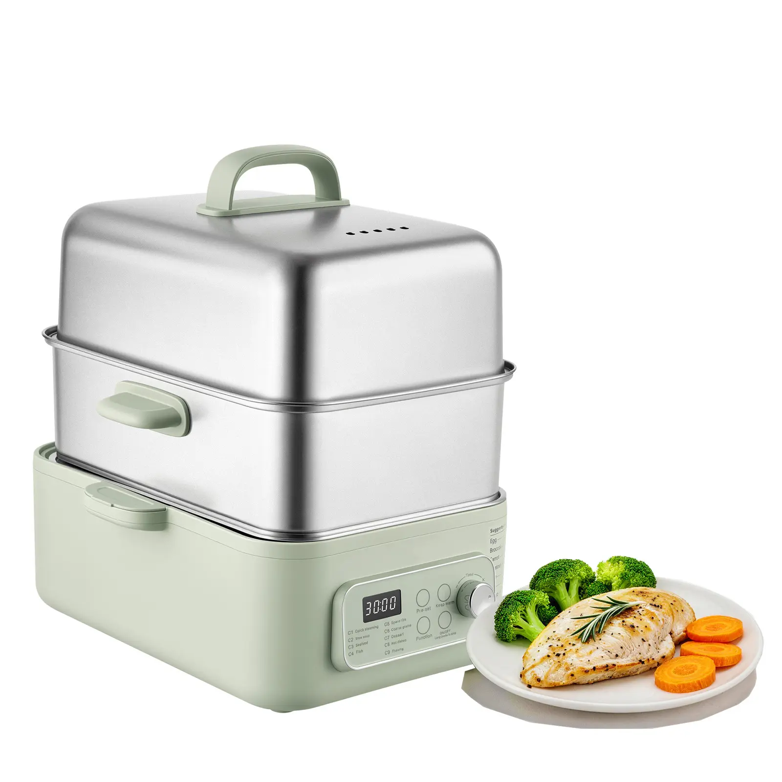 Electric Food Steamer 13.7 QT 2-Tier Stainless Steel for 3-6 Servings, 1500W Vegetable & Meal Steamer for Cooking with 9 Pre-Programmed Settings, Keep Warm, for Veggies, Seafood & Rice, Green