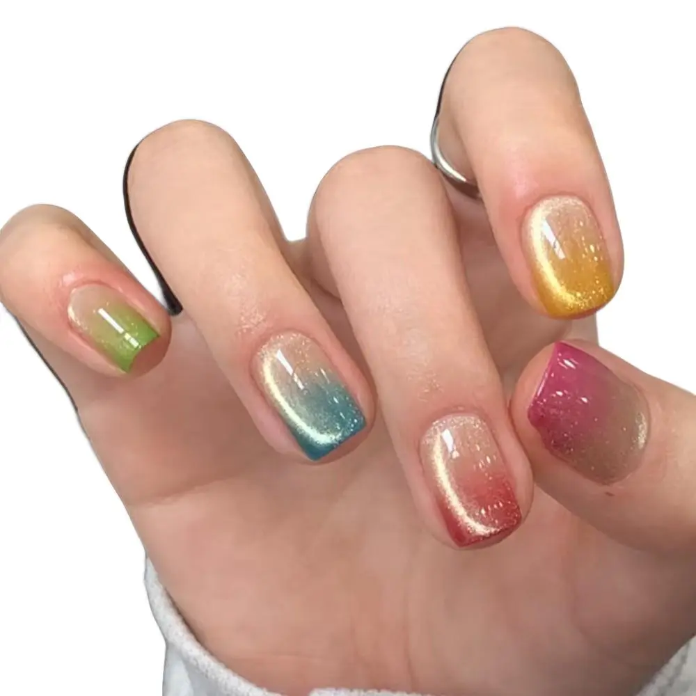 Multicolor Gradient Cat Eye Nails, Short Square Wearable False Nails, Sparkly Fake Nails for Daily, Date, Vacation, Party, 24 Pcs