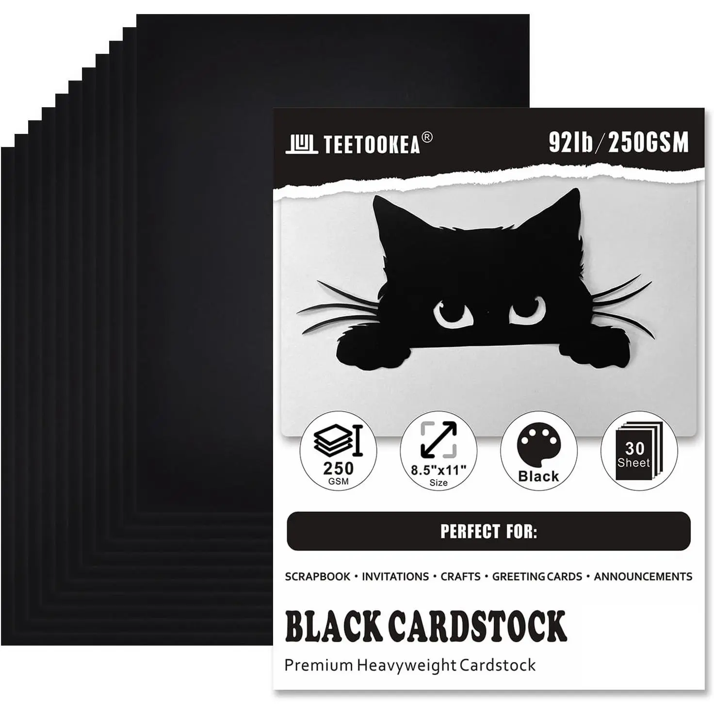 Black Cardstock (30 Sheets), 8.5x11 In Premium Heavyweight 92lb/250gsm Cover Stock Printer Paper for Invitations, Scrapbooking, DIY Projects, Black Cardstock 30 Sheet, Premium Heavyweight Cardstock