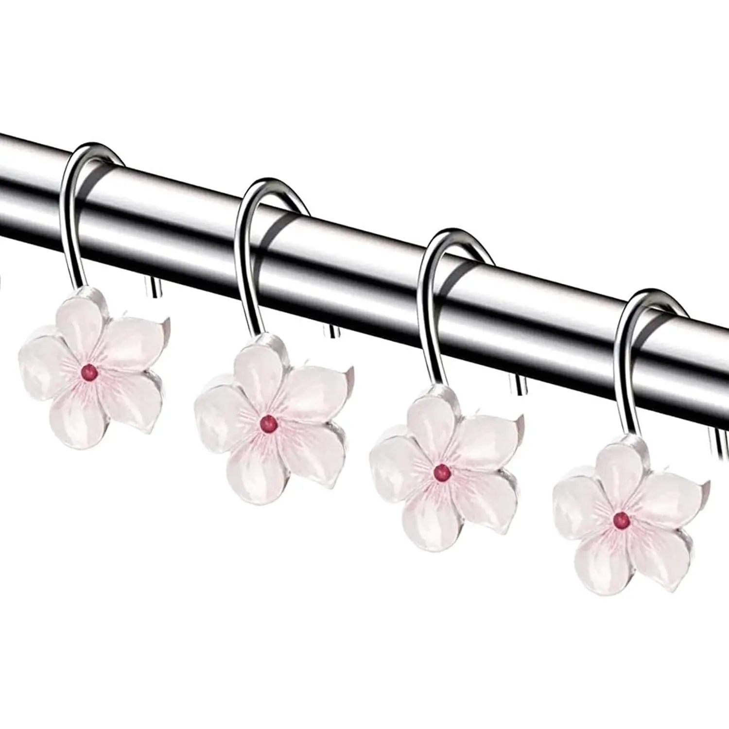Vanda Cherry Blossom Shower Curtain Hooks Decorative Set of 12 Flower Shower Curtain Rings for Curtain - White and Pink Shower Hooks Bathroom Accessories Decor