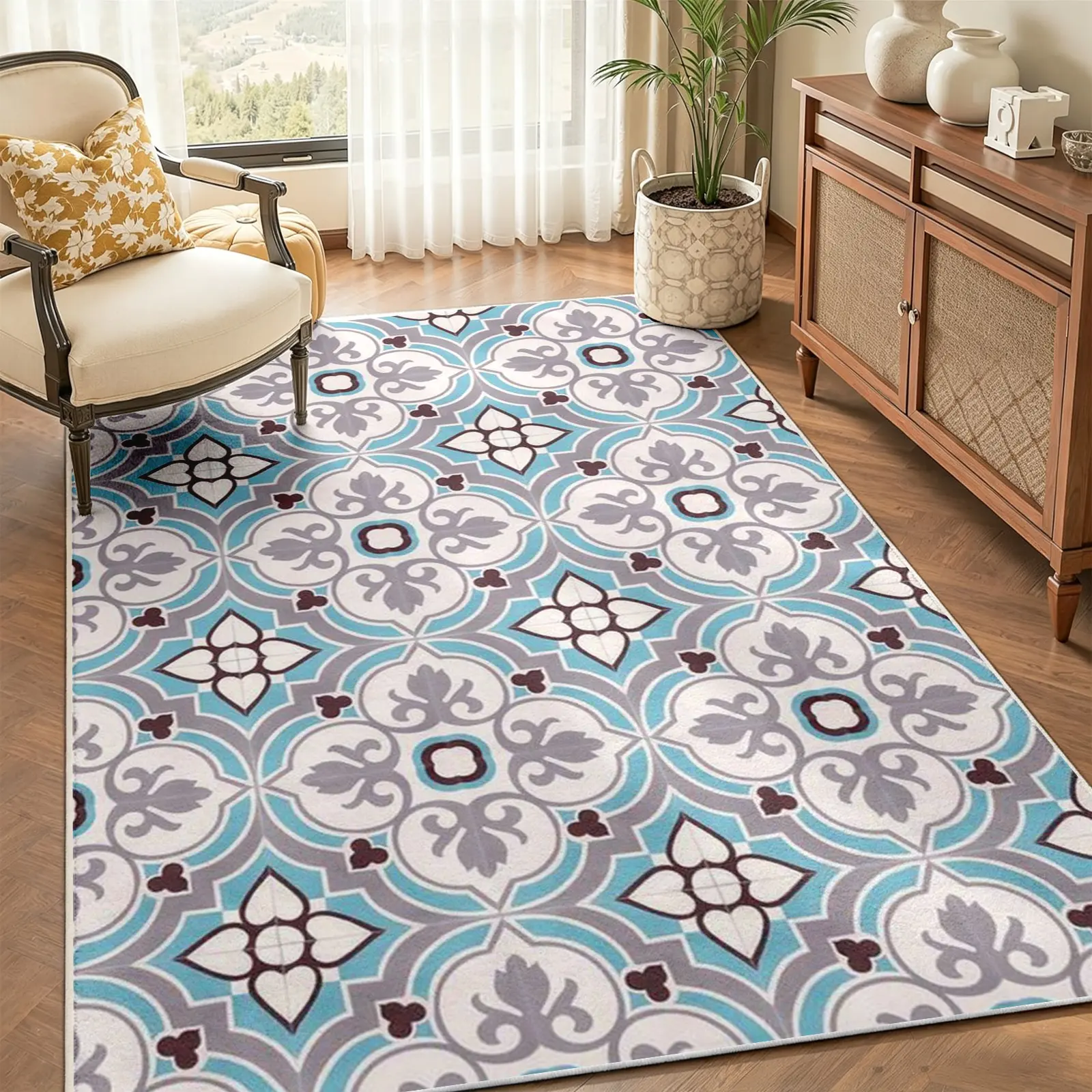 Vintage French Tile Rug, Cream Base with Repeating Aqua & Grey Ceramic Motif and Stylized Floral Accents, Non-Slip TPR Backing Machine Washable Carpet, Stain-Resistant Soft Floor Cover, Alfombras para Sala Rugs for Home, 8 x 10 ft Area Rugs