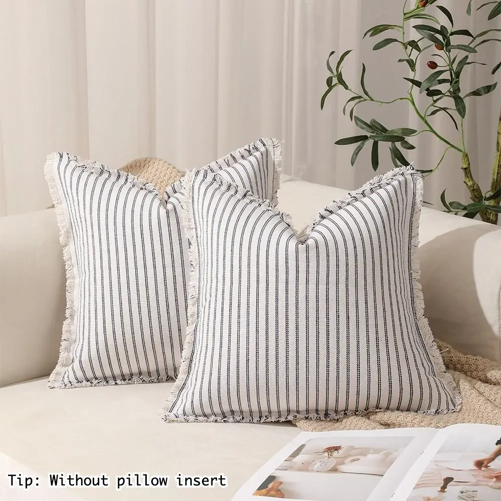 2PCS Throw Pillow Covers, Decorative Striped Design Pillowcase and Tassel Decoration Handmade Fringes Pillow Square Cushion Cover, Polyester Fabric, Sofa Sofa Bed Living Room Boho Style Chic Farmhouse Decoration, Home Decor