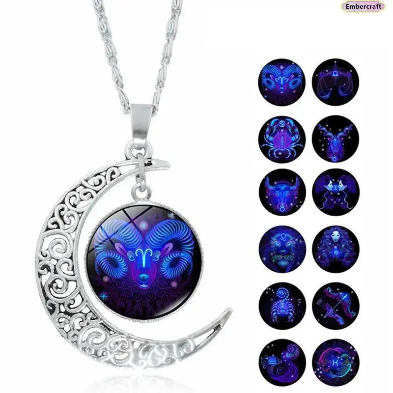 Women's 12 Zodiac Constellation Necklace - Glowing-Lit Glow Moon Glass Pendant, Crystal Necklaces with Aquarius Zodiac & Iconic Statement Jeweled Oval Astrology Jewelry for Daily Wear & Gifting, Aquarius Zodiac Necklaces