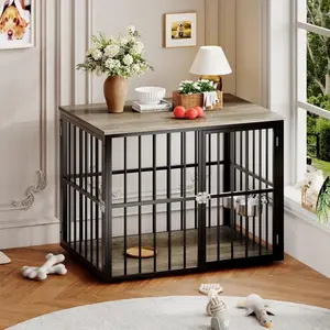 Double-Door Pet Crate Furniture, 26 Inch Indoor Dog House, Heavy Duty Wooden Kennel Side Table with Rustic Brown Finish, Chew-Resistant Dog Cage for Small Medium Dogs, Decorative End Table for Bedroom