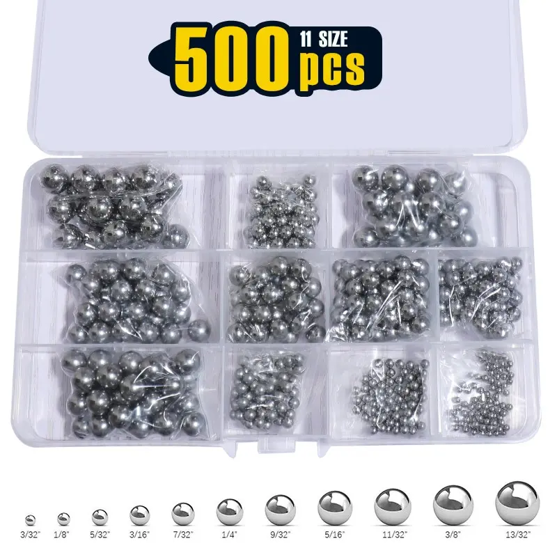 500 Pcs 11 Size SAE Precision Bearing Steel Ball Assortment Loose Bicycle Bearing Balls 3/32” - 13/32” with Storage Box Precise Ball Bearings Smooth Operation