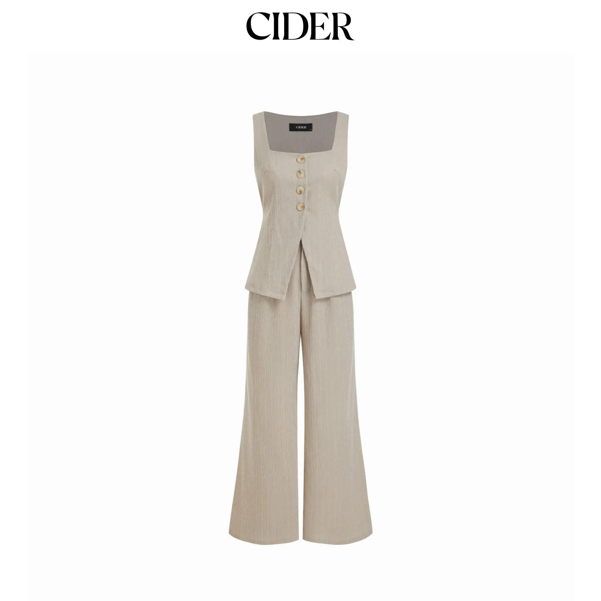 Cider Textured Square Neck Mid Rise Button Wide Leg Jumpsuit