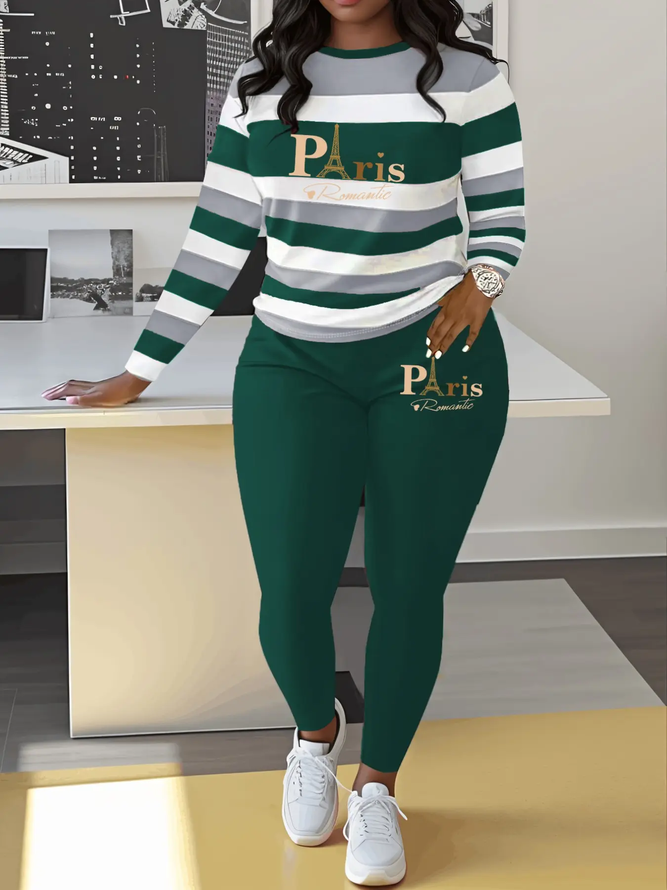 Paris Letter Print Striped Spring Fall Casual Round Neck Long Sleeve Top & Long Pants Two Piece Set, Fitted Natural Waist Suit