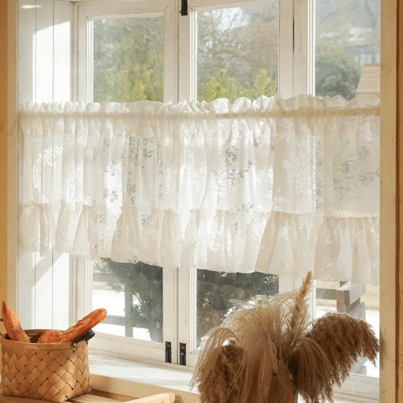 1pc French Country Style Sheer Curtain, Short Half Drapes, Geometric Pattern, Lace Trim, Kitchen Door Curtains, Coffee Shop Curtains, Cafe Curtain