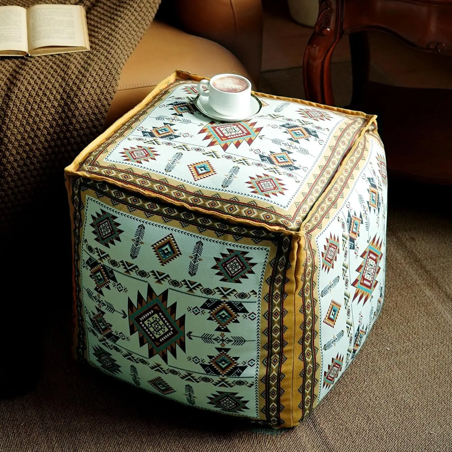 Unstuffed Pouf Cover Ottoman Footrest Bohemian Chenille Foot Stool Floor Bean Bag 18x18x18 Inches for Living Room Bedroom Home Decor (Mustard Yellow, Cube)