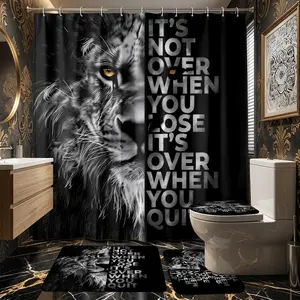 4pcs Inspirational Lion Shower Curtain and Mat Set – Featuring a lion head design, The floor mat fabric is thicker and softer! inspirational quotes, and bathroom Elegant Bathroom Decor Shower Curtain Sets, Bathroom Decorations