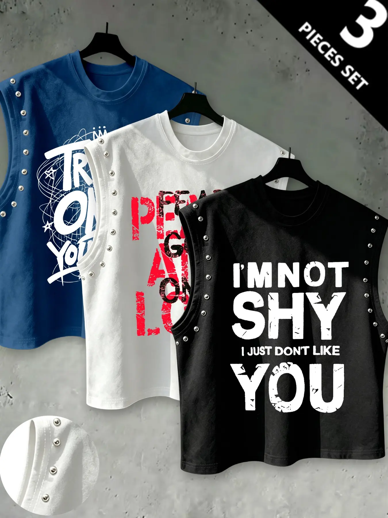 Men's Rivet Distressed English Slogan Print Sleeveless Tank Top Set, Fashion Streetwear American Y2K High Street Faith Style, Loose Breathable Fitness Vest Outfit