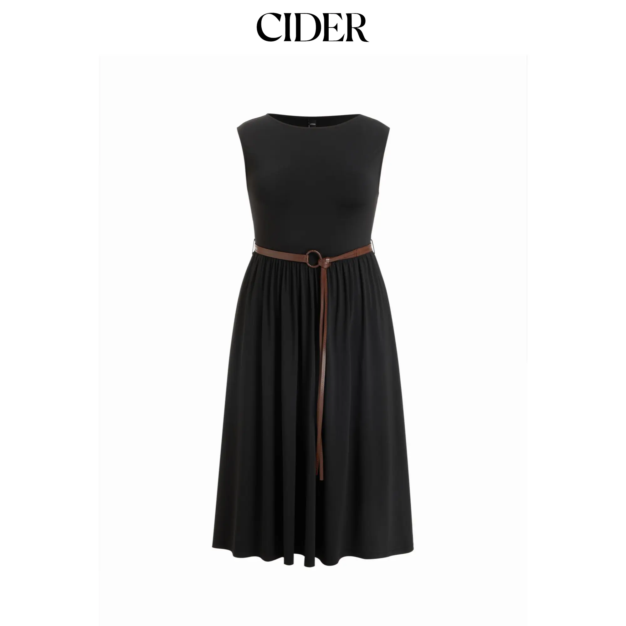 Cider High Stretch Round Neck A-line Maxi Dress With Belt Curve & Plus
