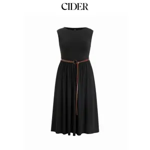 Cider High Stretch Round Neck A-line Maxi Dress With Belt Curve & Plus