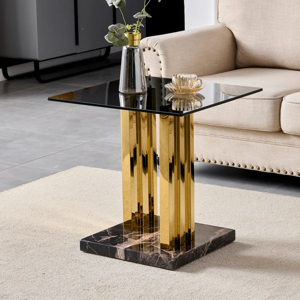 21.65 Inch Modern Side Table, Nightstand, Featuring Transparent Gray Glass With Gold Stainless Steel Legs And A Brown Marble Base, Suitable For Living Rooms And Bedrooms, Easy To Assemble.