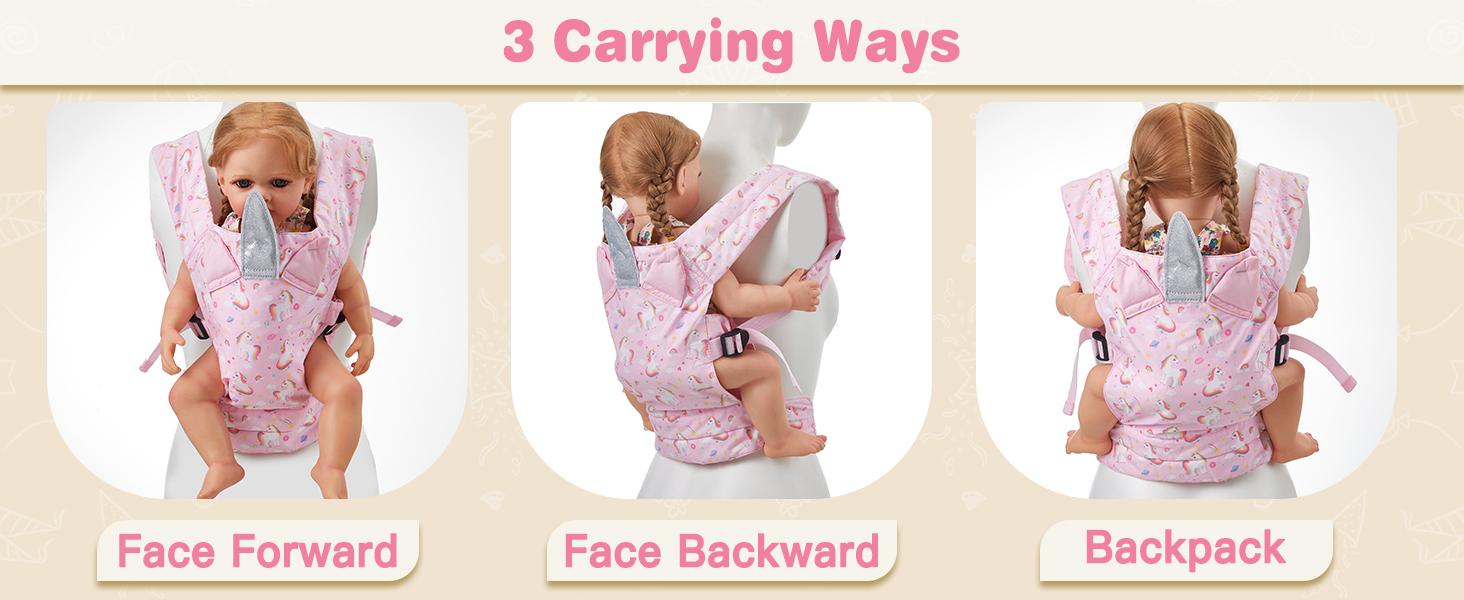 Baby Doll Carrier, Front and Back Doll Accessories Carrier for Little Girls, with Adjustable Straps for Stuffed Animal Reborn Baby Doll, Pink Unicorn