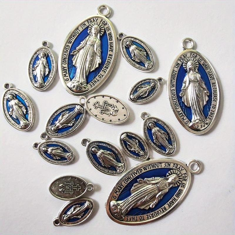 20 Pieces of Grace Mary Miracle Pendants - Blue Enamel Catholic Rosary Beads for Necklaces and Jewelry