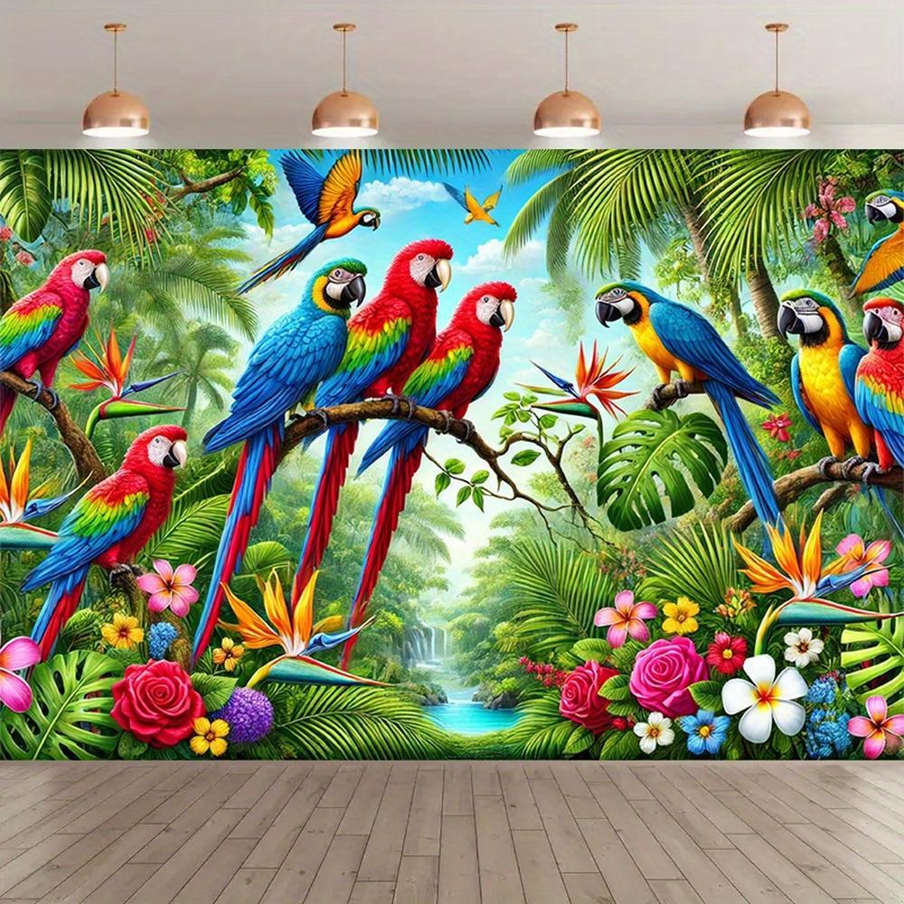 Vibrant Parrot Print Tropical Rainforest Photography Backdrop, Durable Polyester Tapestry for Birthday Party Decor, Indoor-Outdoor Event Props, Studio Use (No Electricity Needed),summervibes