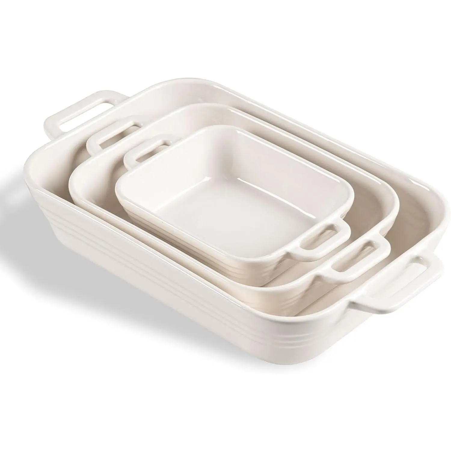 Relief Casserole Dishes for Oven, Ceramic 9x13 Baking Pans Set for Cooking, Cake, Banquet and Daily Use, Rectangular Bakeware Set, Porcelain Baking Dish, Lasagna Pan Deep with Handles(White)