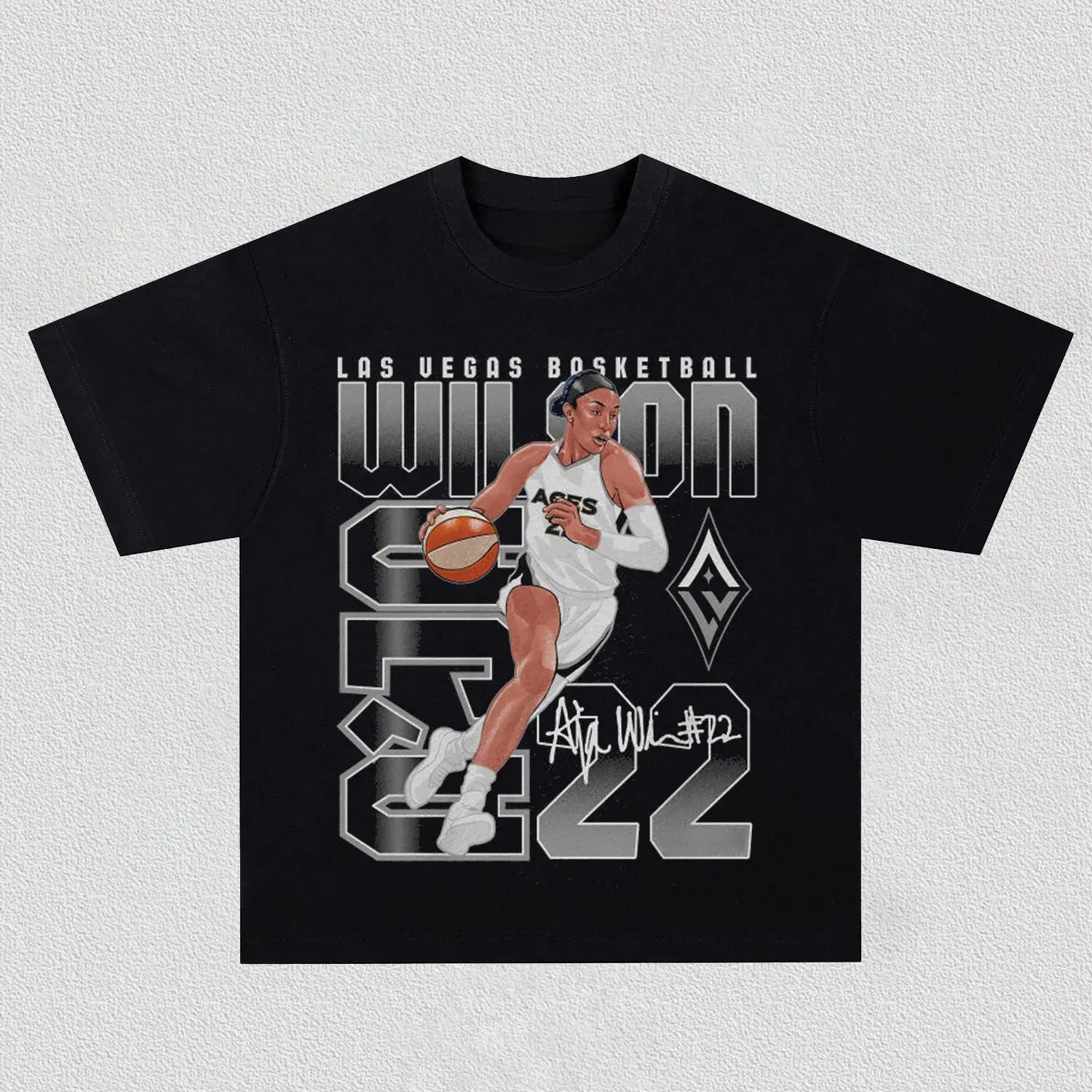 Solid Black Boxy Oversized Unisex T-Shirt |   A'ja Wilson Las Vegas Aces 22 #   Gradient Letter Signature Vintage Basketball Bootleg Tee