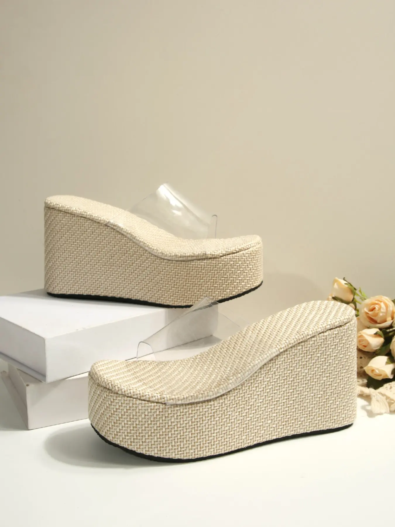 Women Clear Strap Woven Platform Wedge Slides, Open Toe Slip On Espadrille Wedge Mules, Minimalist Boho Summer Slippers, Natural Beige