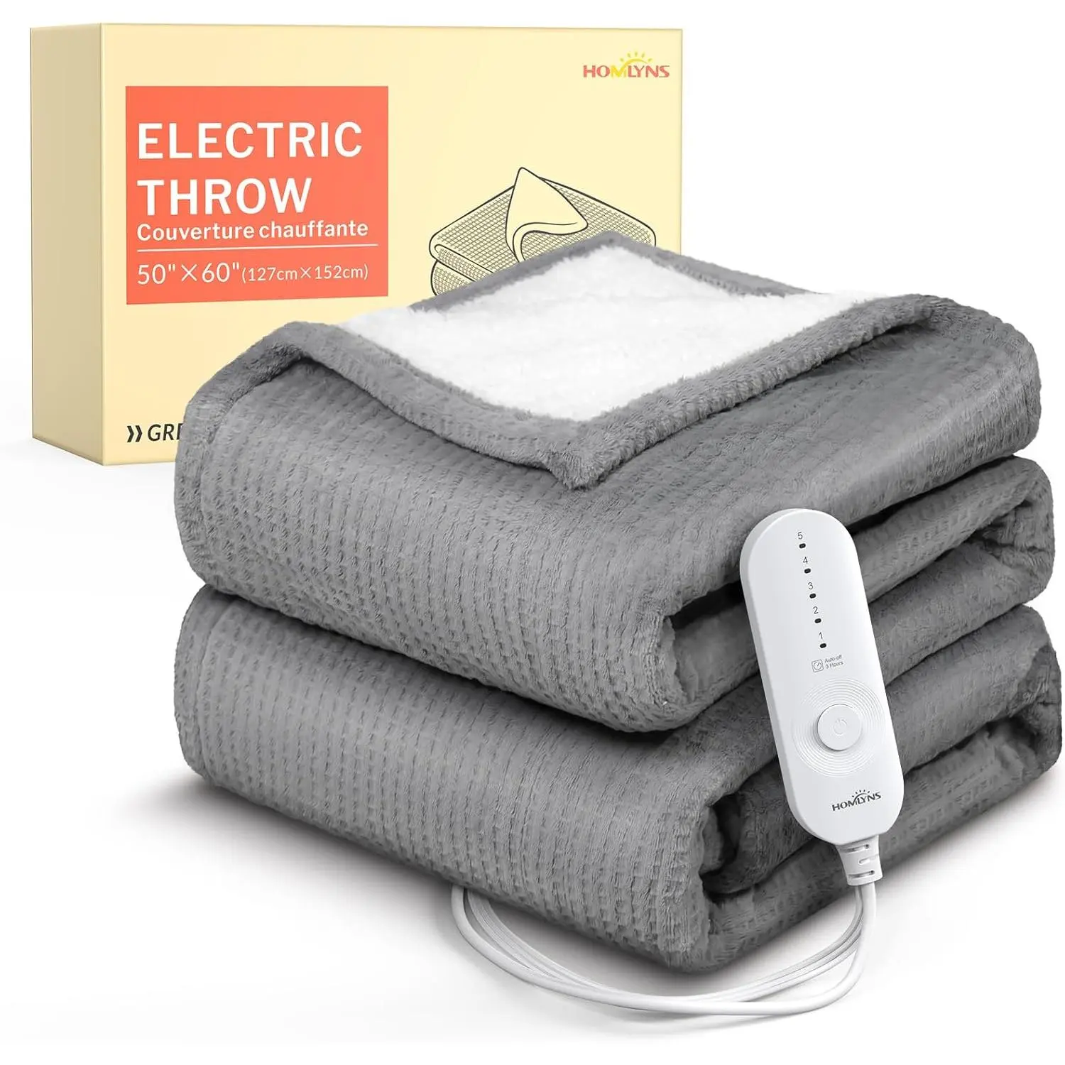 Heated Throw Blanket, 5 Heat, 3 Hours Timer, Grey| 50" x 60", fast heating, ETL certified, NTC & PTC protection, machine washable