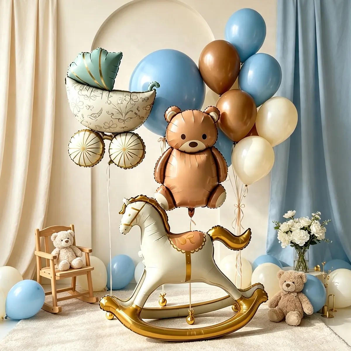 Wooden Horse Balloon Set, Baby Stroller Shape Balloons, Bear Balloons for Birthday, Wedding, Gender Reveal Decorations