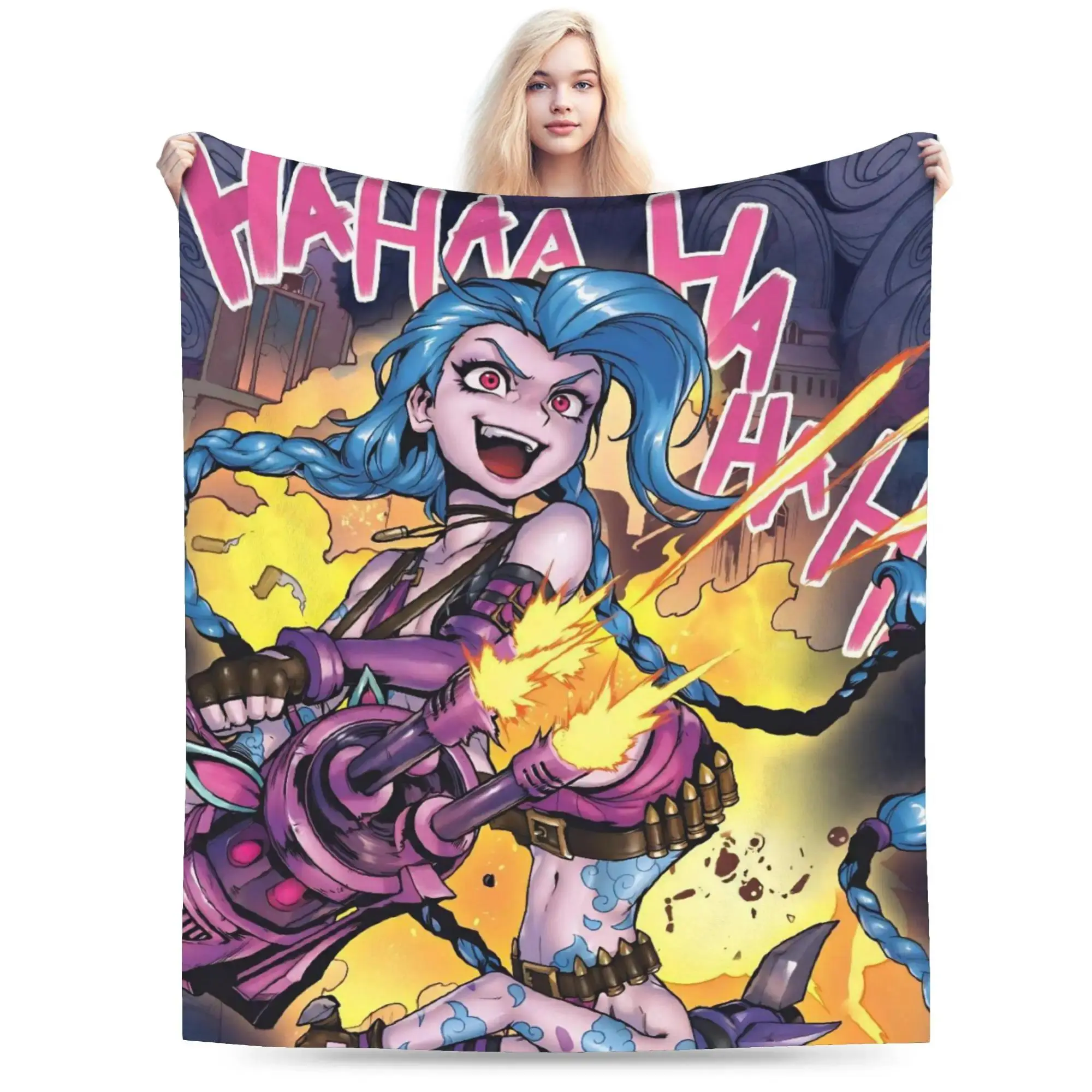 Arcane Vi Jinx Anime Plush Flannel Throw Blanket Ultra Soft for Couch Sofa Gift for Fans